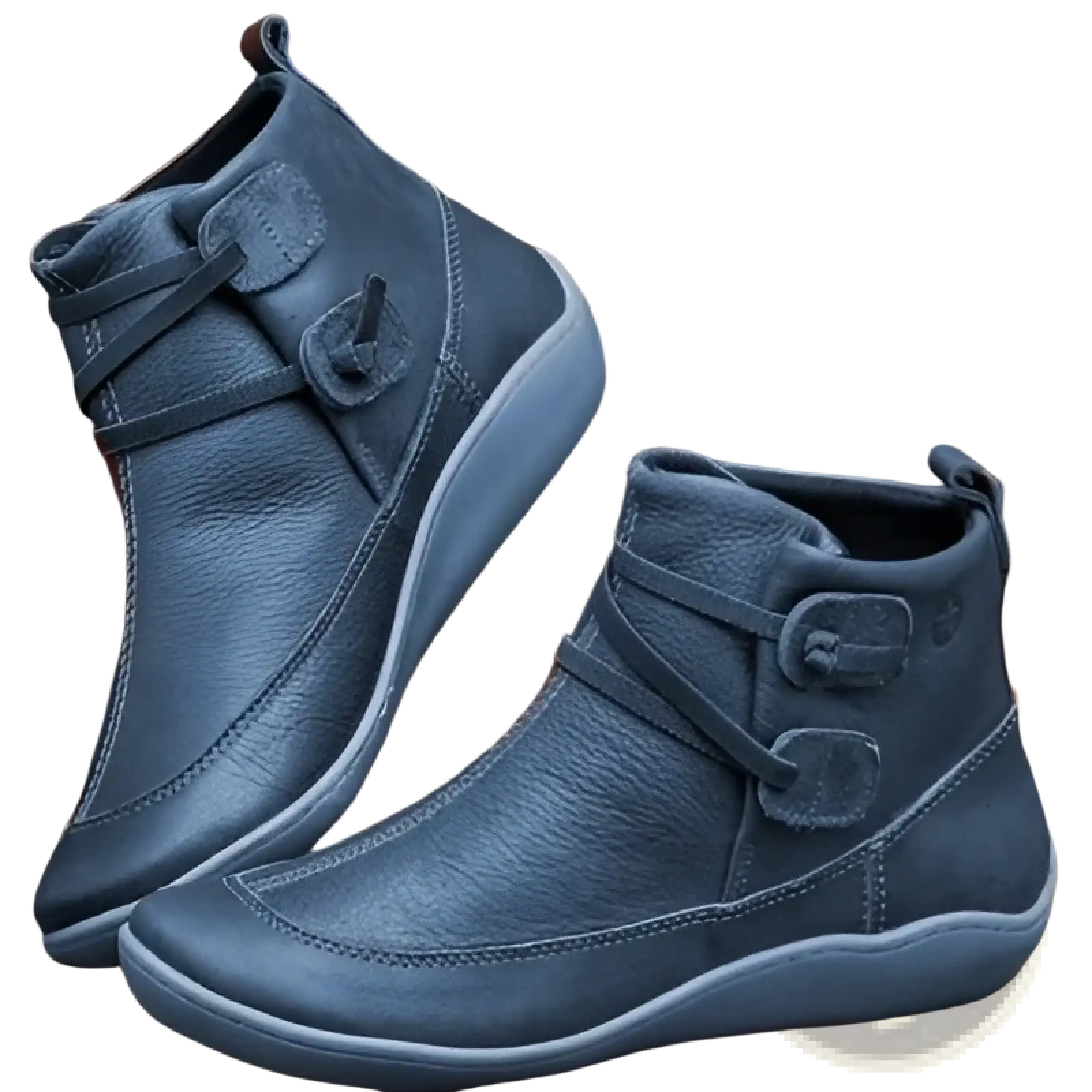 Dark blue leather martin boots with soft textured finish and light gray rubber soles lined with faux fur for winter use