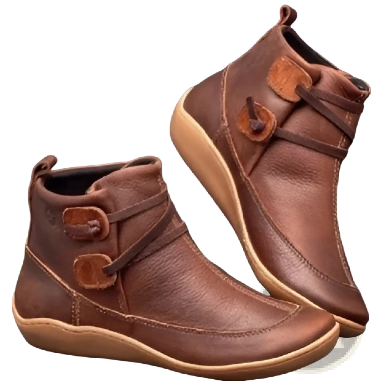 Brown leather martin ankle boots with tan buckle straps and light brown rubber sole faux fur lined winter shoes