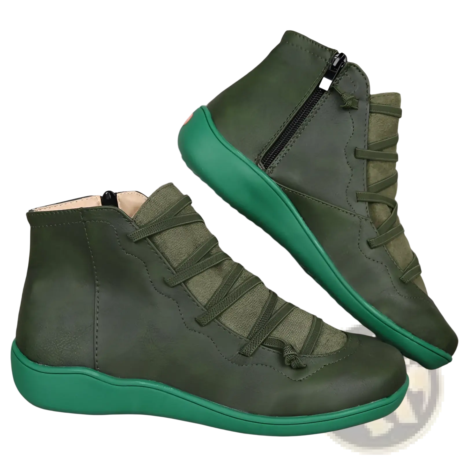 Leather martin boots with olive green suede, vibrant teal rubber sole, lace-up design, and faux fur lining for winter snow