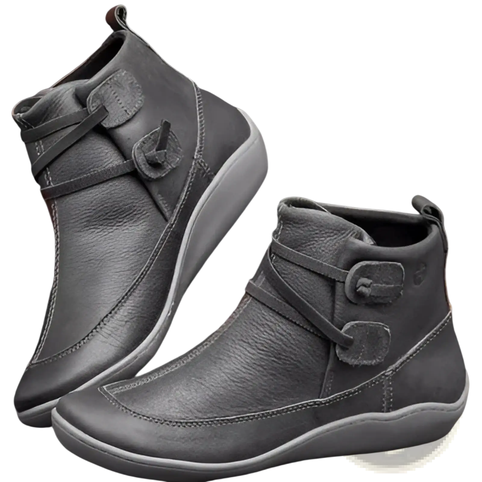 Gray leather martin ankle boots with faux fur lining and white soles designed for winter snow use