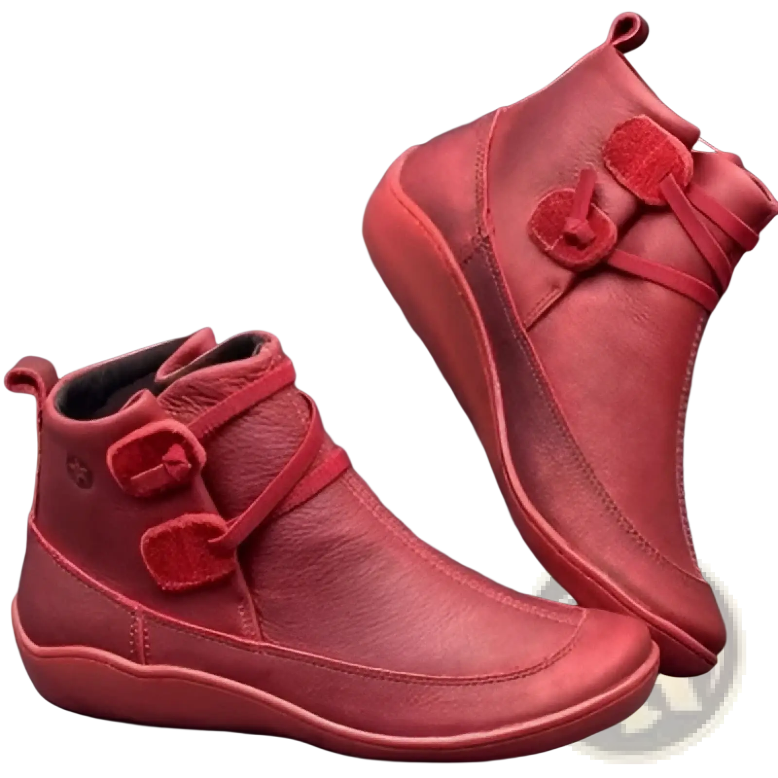 Red leather Martin ankle boots with heart-shaped buckle details and faux fur lining for winter snow use