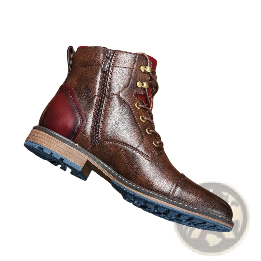 Leather martin boots featuring brown leather with a contrasting red panel and brass eyelets on the side