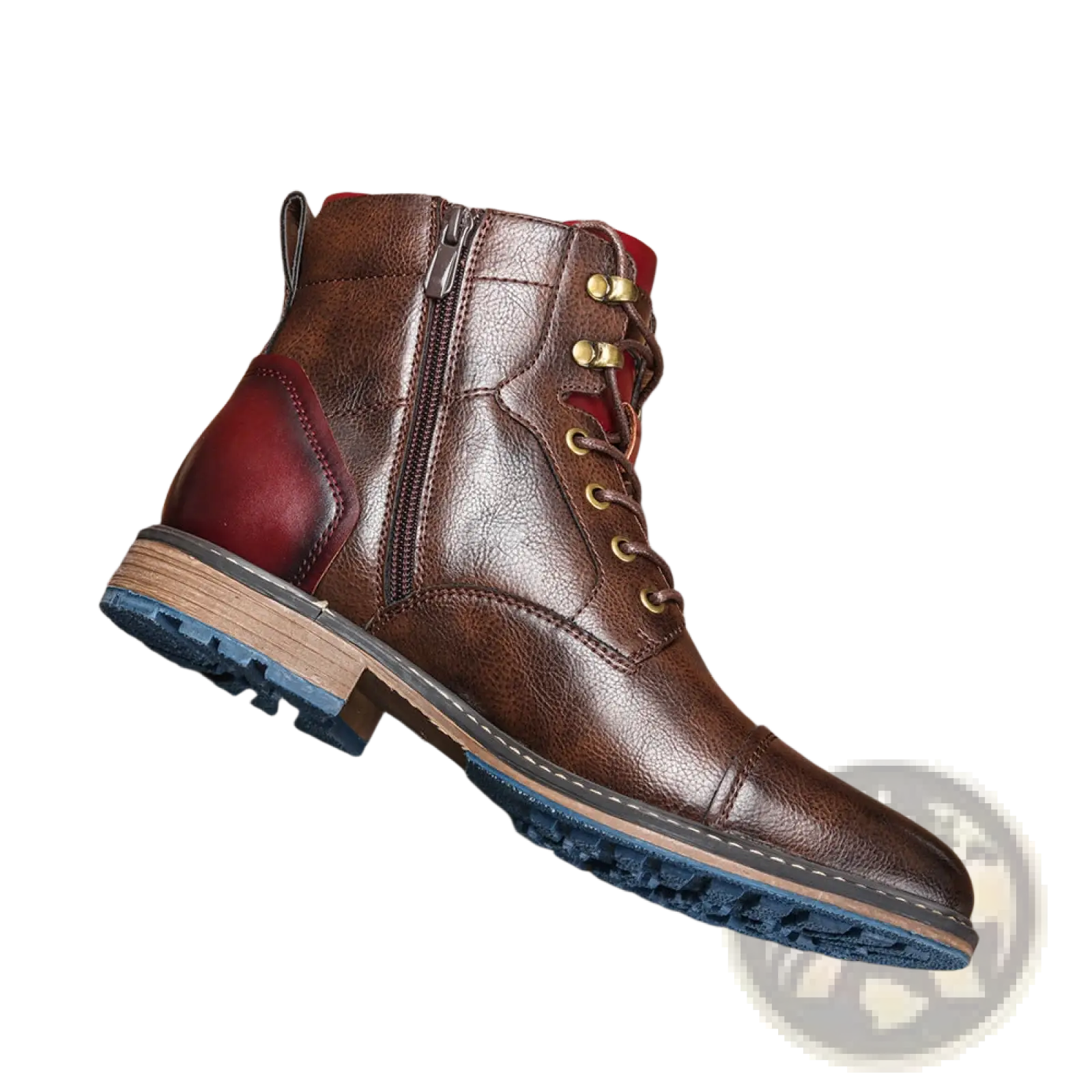 Leather martin boots featuring brown leather with a contrasting red panel and brass eyelets on the side