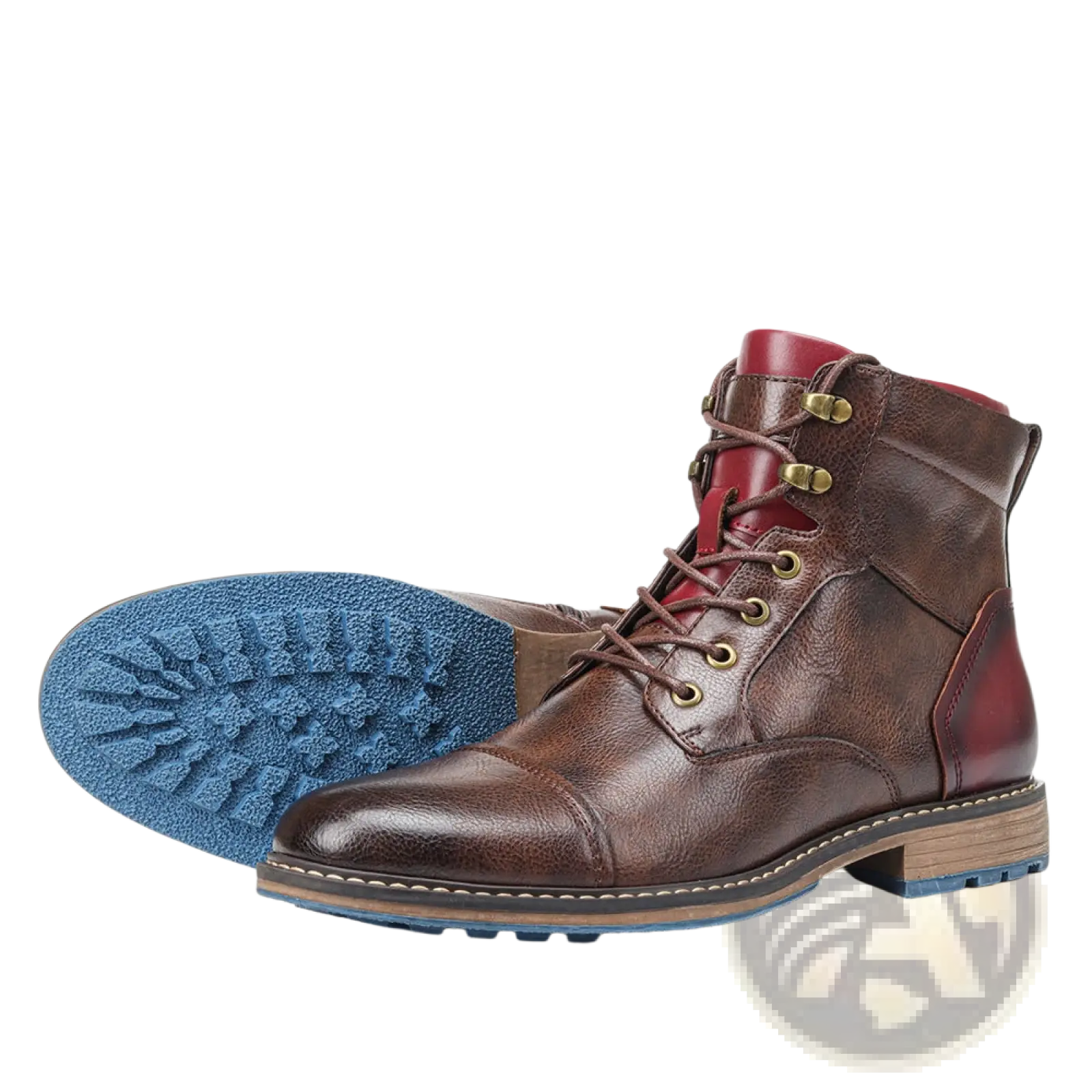 Leather martin boots featuring brown leather, red panel lining, brass eyelets, and a blue rubber sole lace-up design