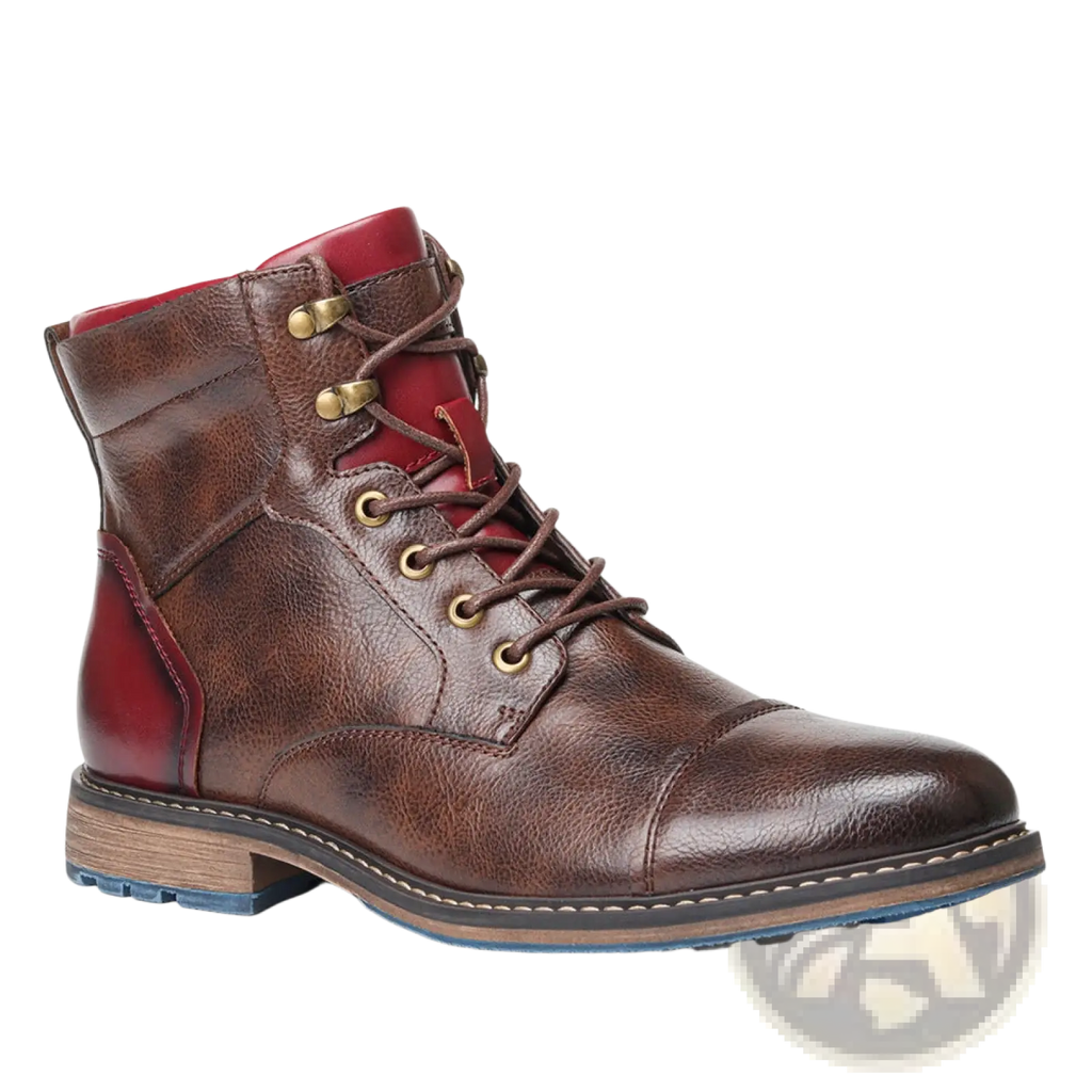 Brown leather lace-up martin boot with red side panel interior brass eyelets and wooden heel for stylish durability