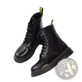 Black leather martin boots with round toe, flat ankle design, yellow stitching, lace-up closure, and pull tabs