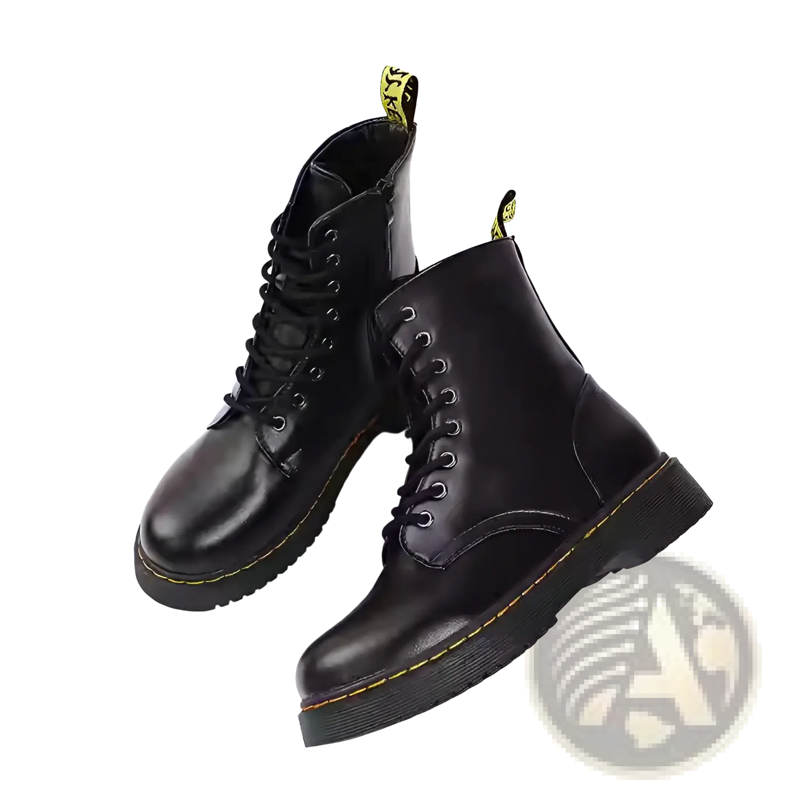 Black leather martin boots with round toe, flat ankle design, yellow stitching, lace-up closure, and pull tabs