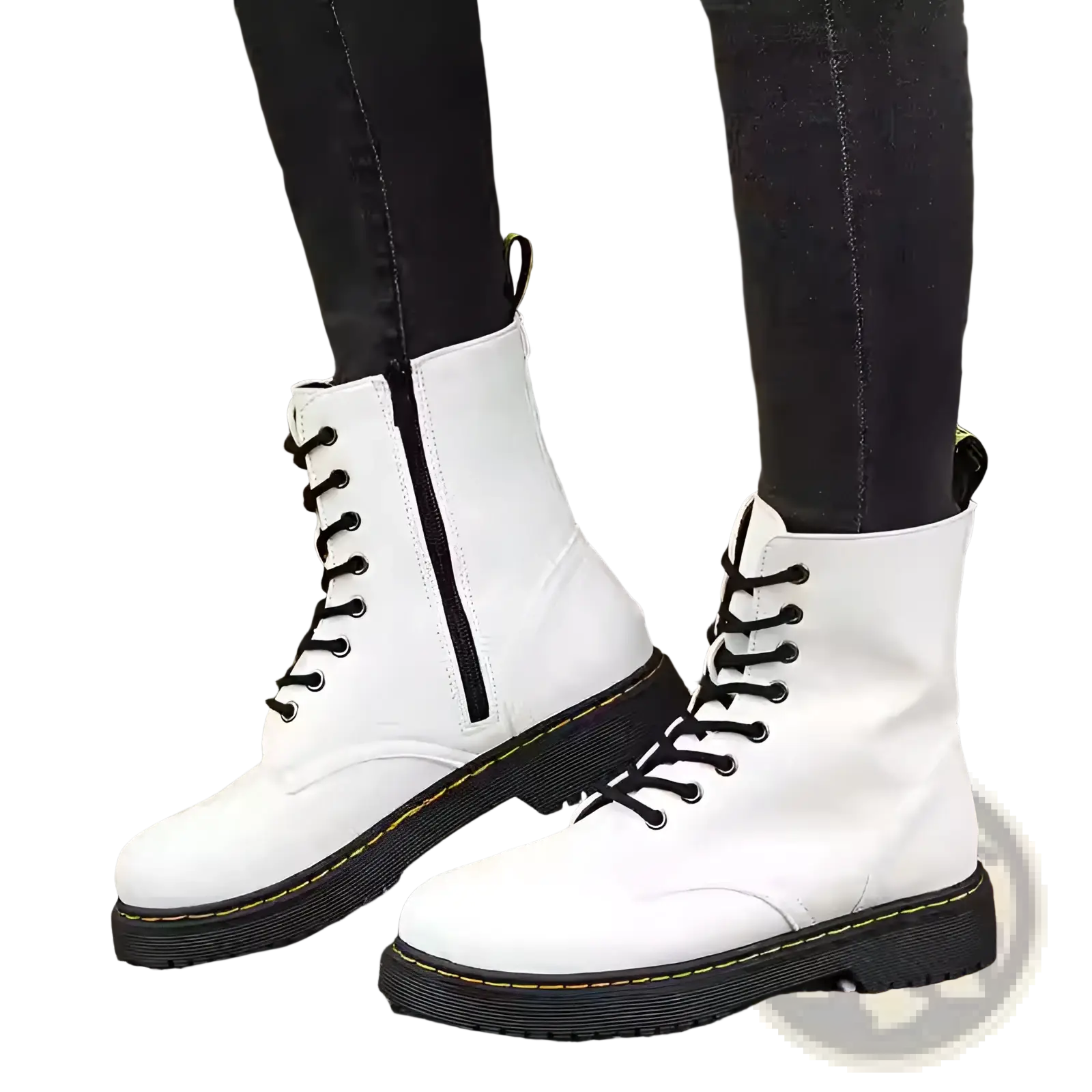 White leather martin boots with round toe flat ankle design shown from the back side of the shoe