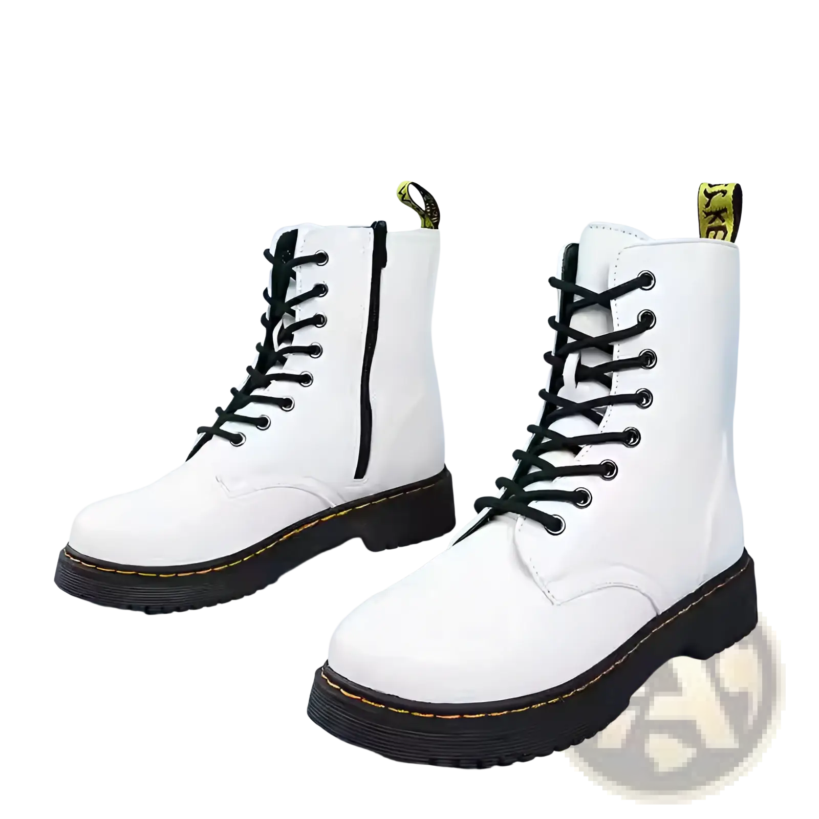 White leather martin boots with round toe black laces and yellow-taped pull tab flat ankle shoes