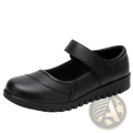 Black leather mary jane flats with velcro strap and perforated detailing on the toe for comfortable wear