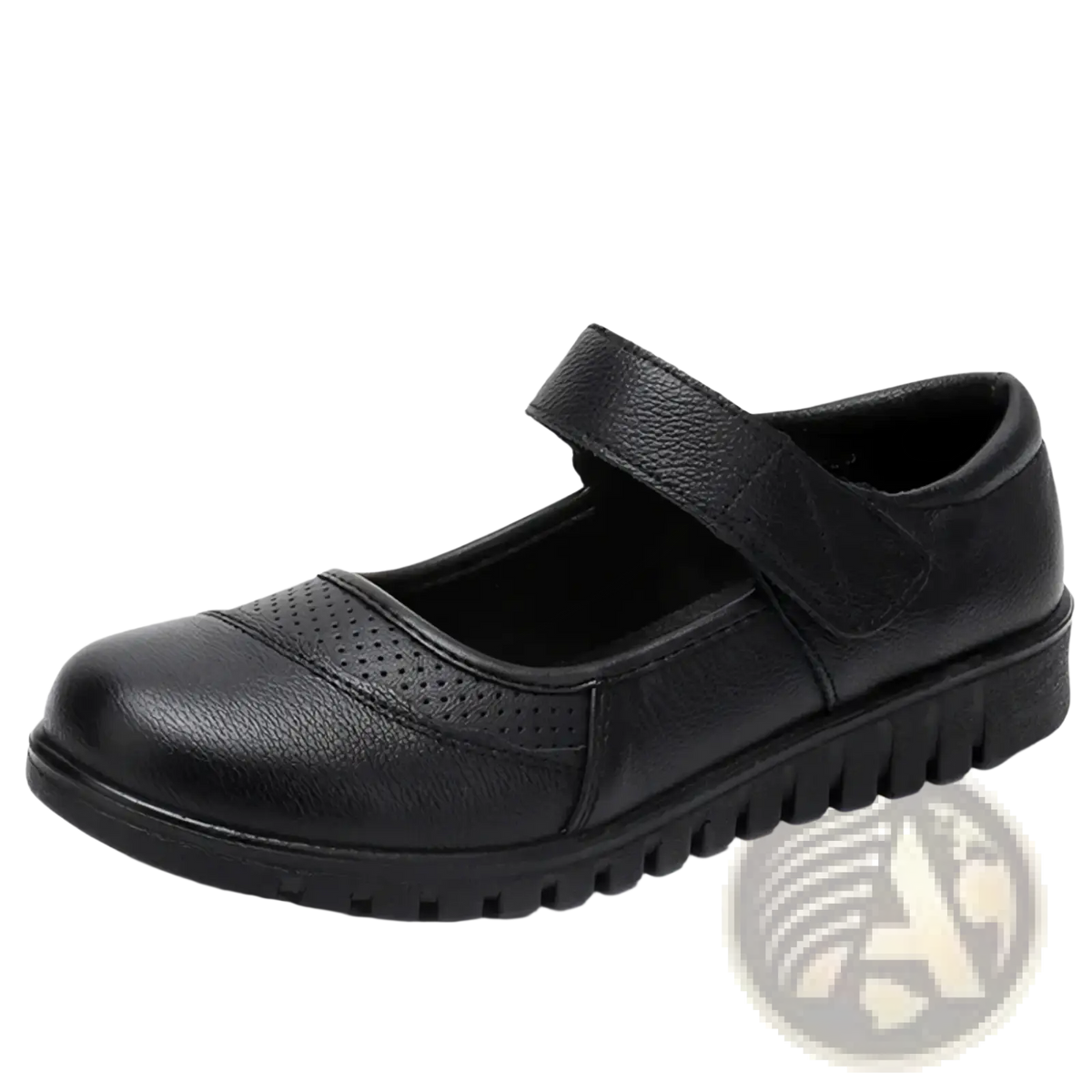 Black leather mary jane flats with velcro strap and perforated detailing on the toe for comfortable wear
