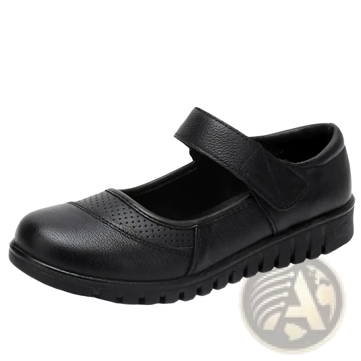Black leather mary jane flats with velcro strap and perforated detailing on the toe for comfortable wear