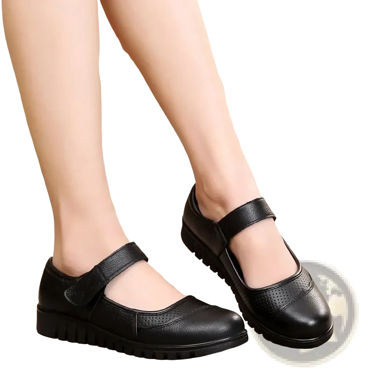 Black leather mary jane flats with a padded strap and textured rubber sole for comfortable wear