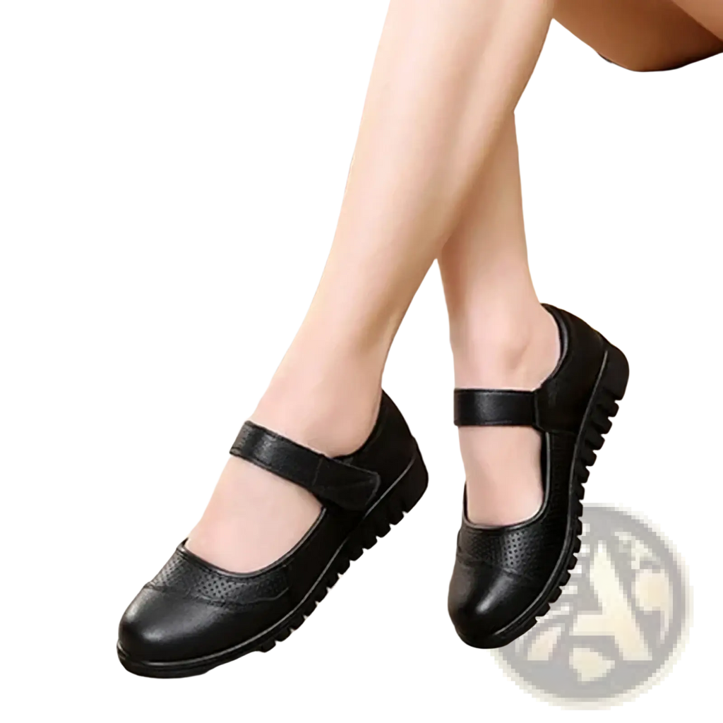 Black leather mary jane flats with a strap across the foot and perforated detailing on the toe