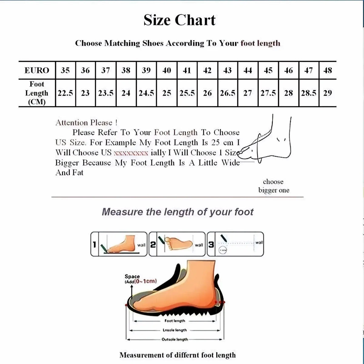 Size chart for leather Mary Jane flats showing European and US shoe sizes with foot length in centimeters