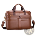 Brown leather mens business briefcase with steel lion emblem textured surface top handle and detachable shoulder strap