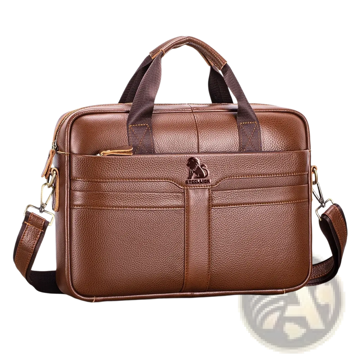 Brown leather mens business briefcase with steel lion emblem textured surface top handle and detachable shoulder strap