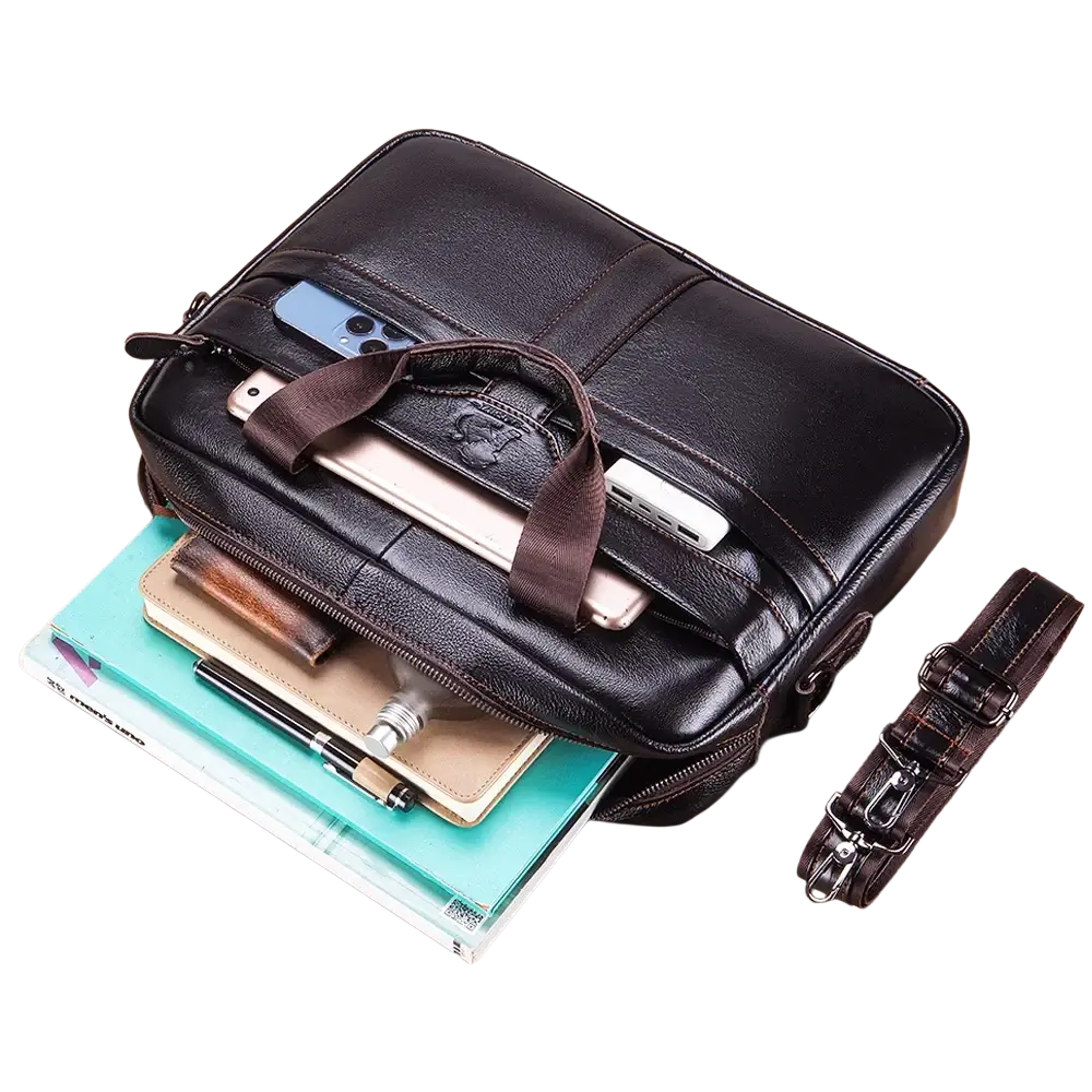 Black leather mens business briefcase with brown strap zipper details and steel lion logo on handle for laptop use