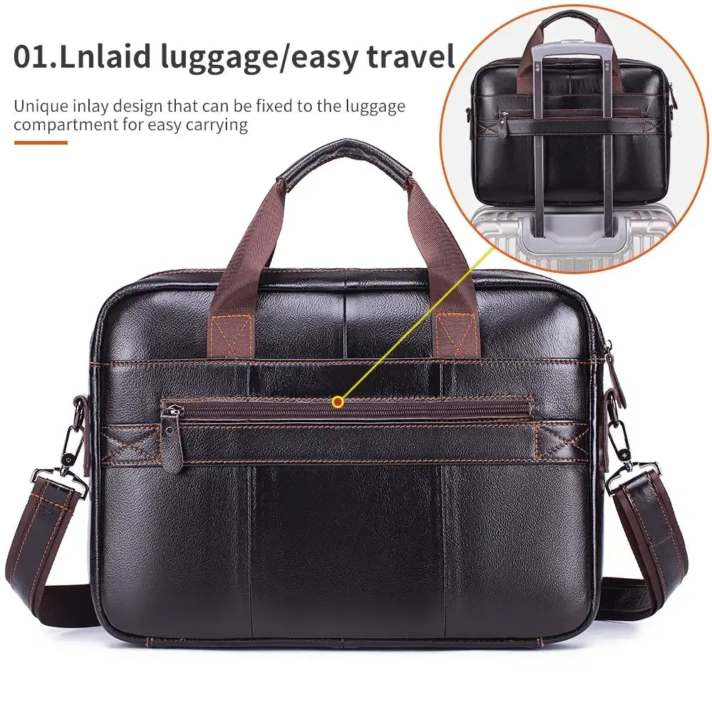 Black leather mens business briefcase cowhide laptop bag with brown accents and detachable shoulder strap