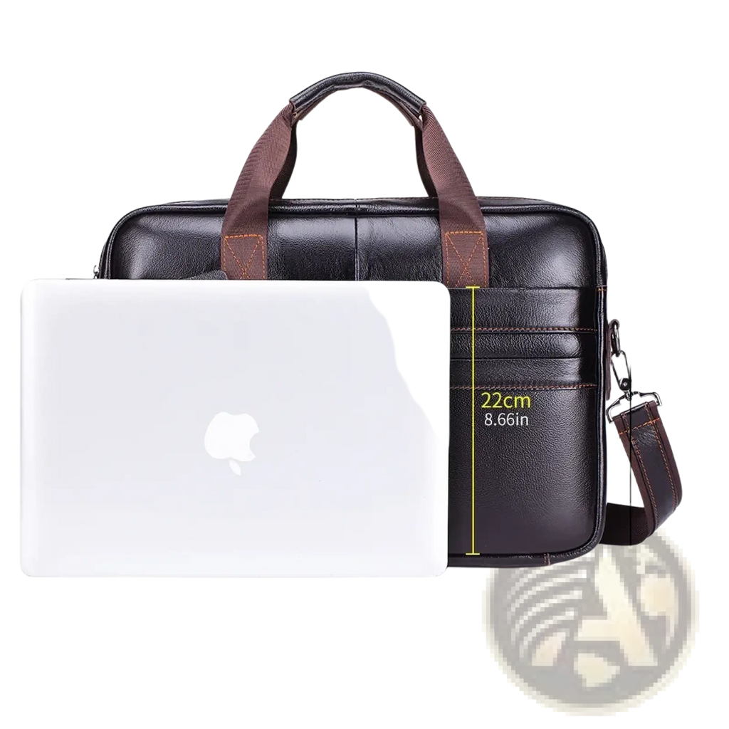 Black leather mens business briefcase with brown handles and shoulder strap made of cowhide by steel lion
