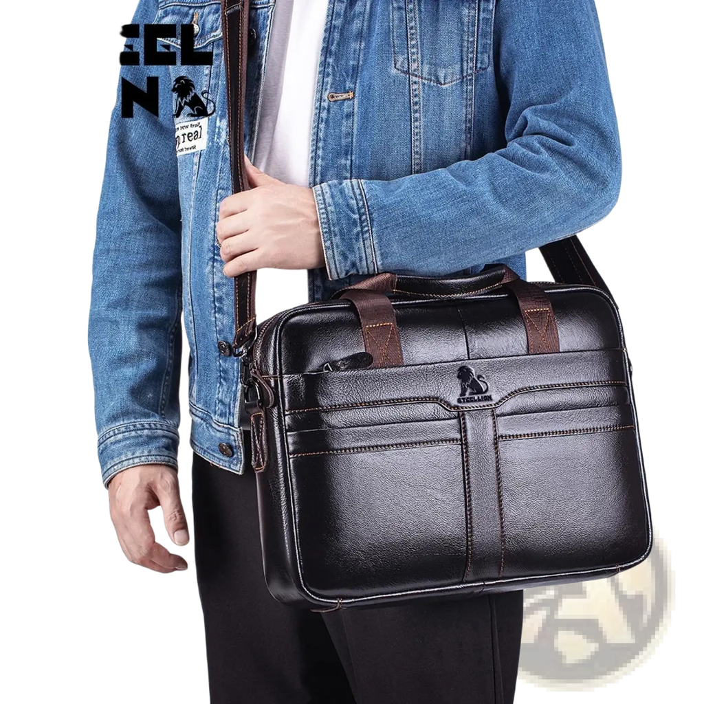 Black leather mens business briefcase with brown accents and steel lion logo cowhide laptop bag