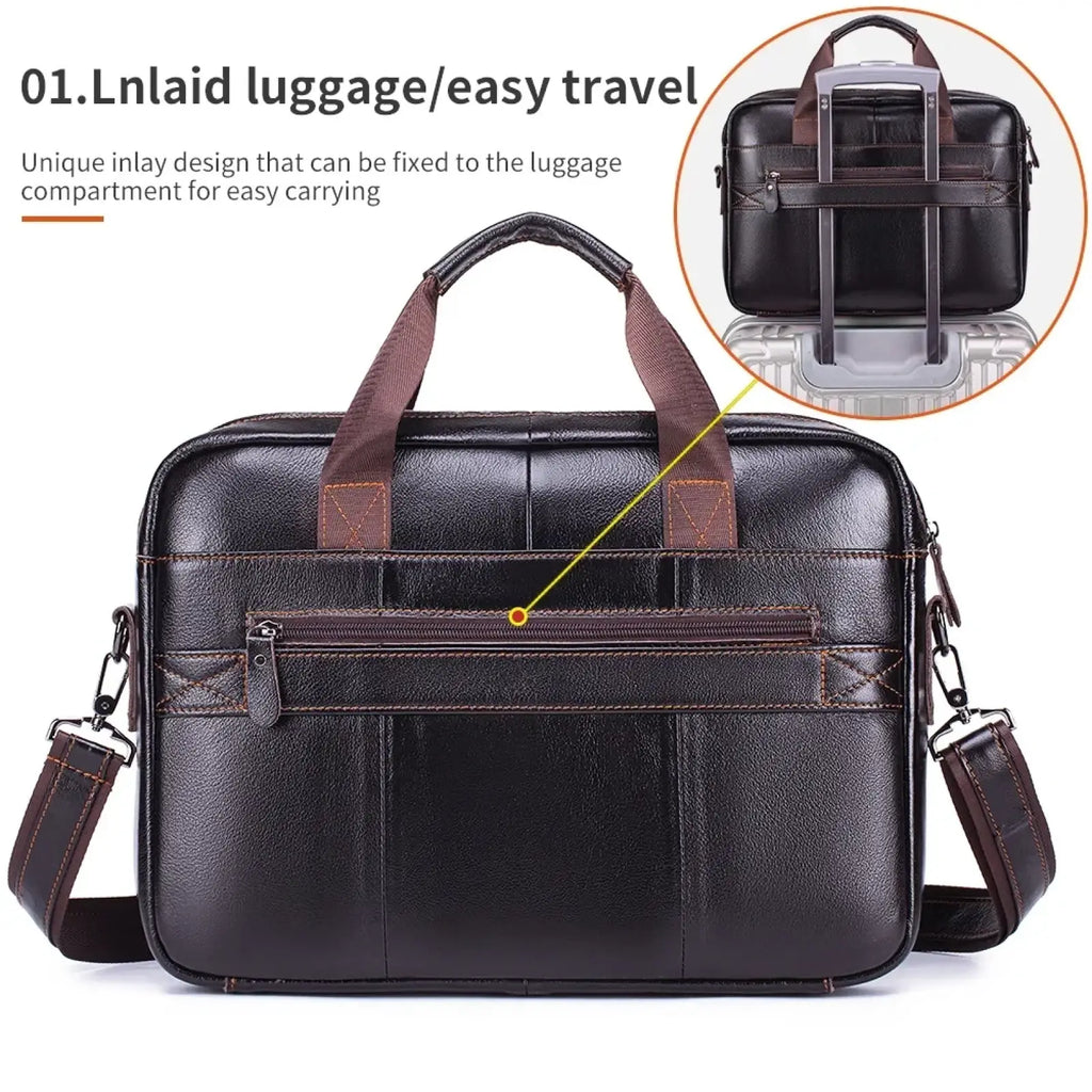 Black leather mens business briefcase cowhide laptop bag with brown accents and detachable shoulder strap