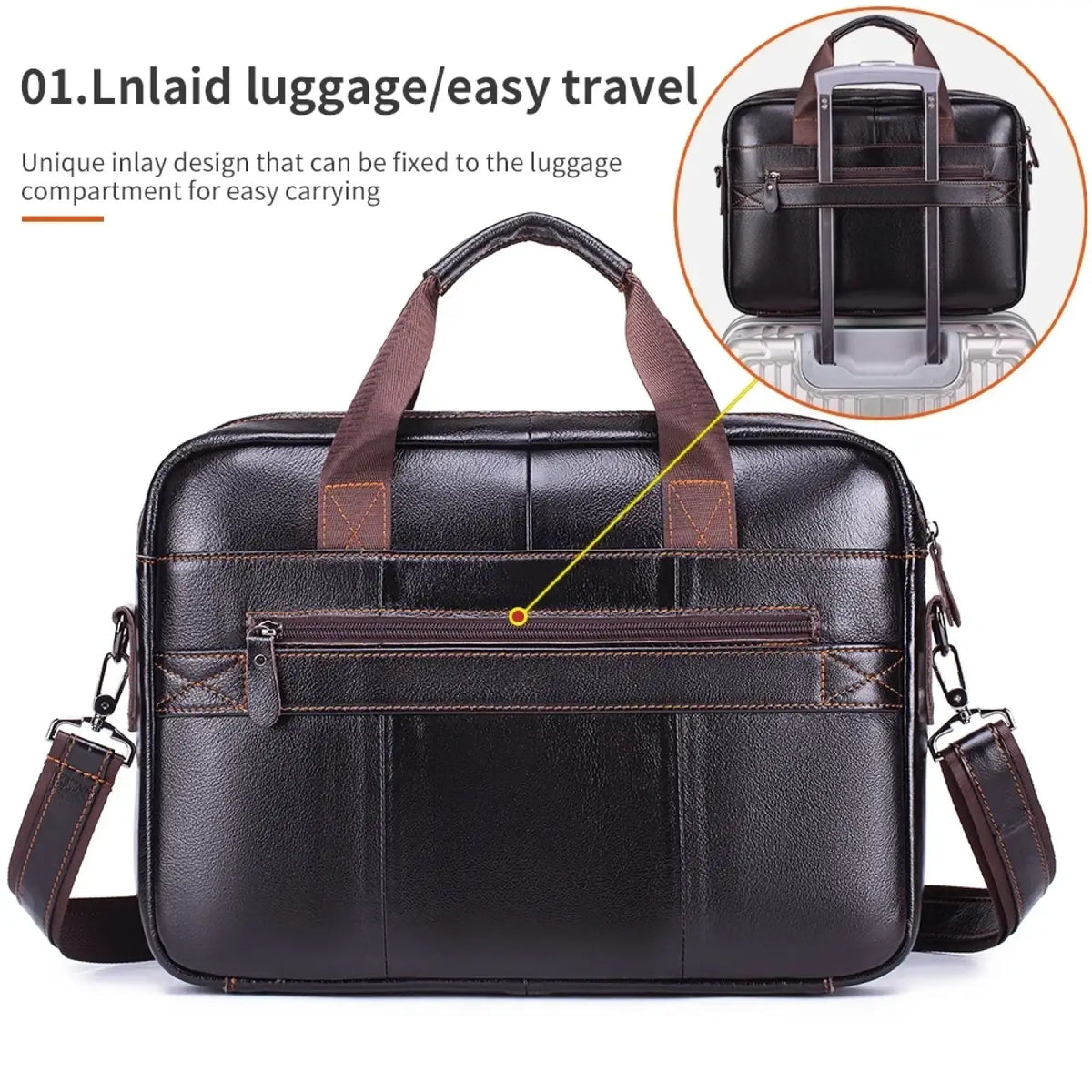 Black leather mens business briefcase cowhide laptop bag with brown accents and detachable shoulder strap