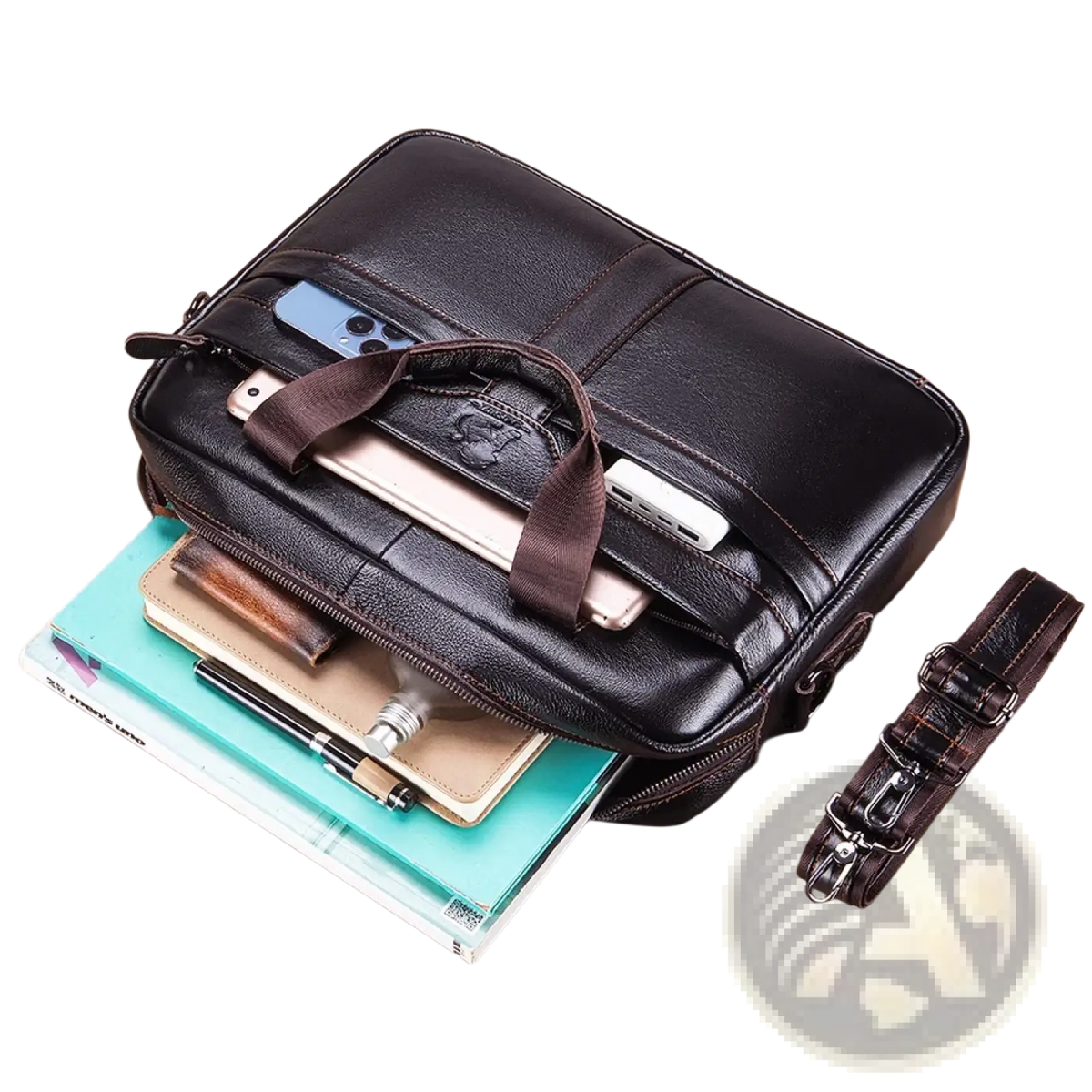 Black leather mens business briefcase with brown strap zipper details and steel lion logo on handle for laptop use