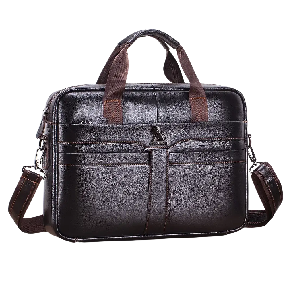 Black leather steel lion briefcase with brown handles and shoulder strap for mens business and laptop use