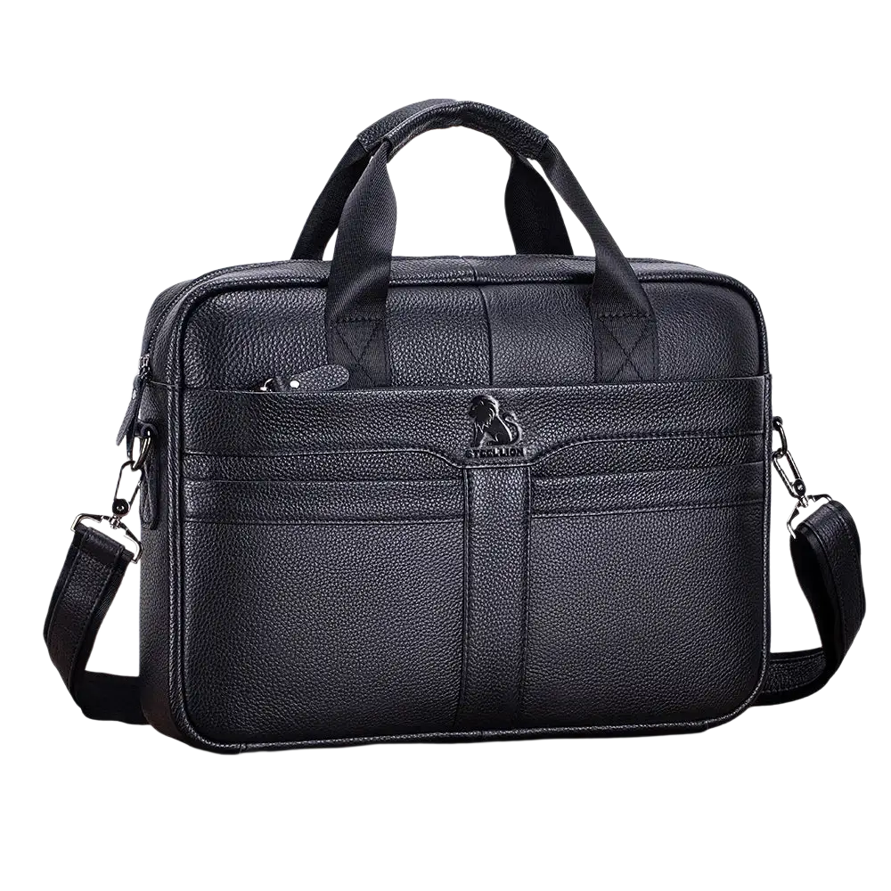 Black textured leather mens business briefcase with lion logo emblem and adjustable shoulder strap for laptops