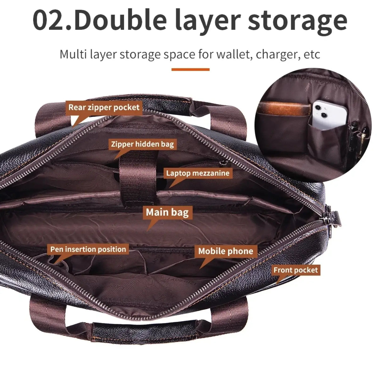 Brown leather mens business briefcase cowhide laptop bag with multiple compartments including front and rear pockets