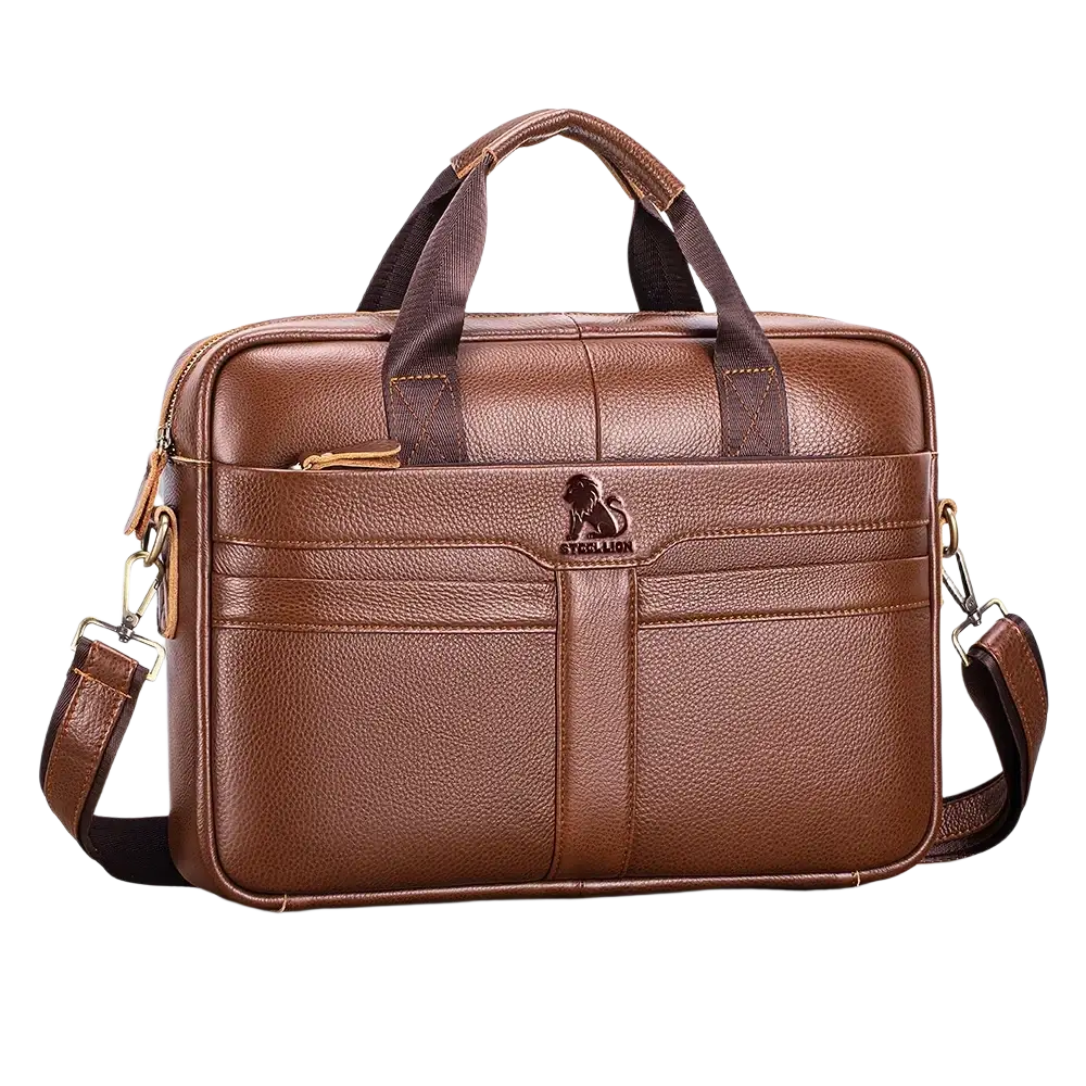 Brown leather mens business briefcase with steel lion emblem textured surface top handle and detachable shoulder strap