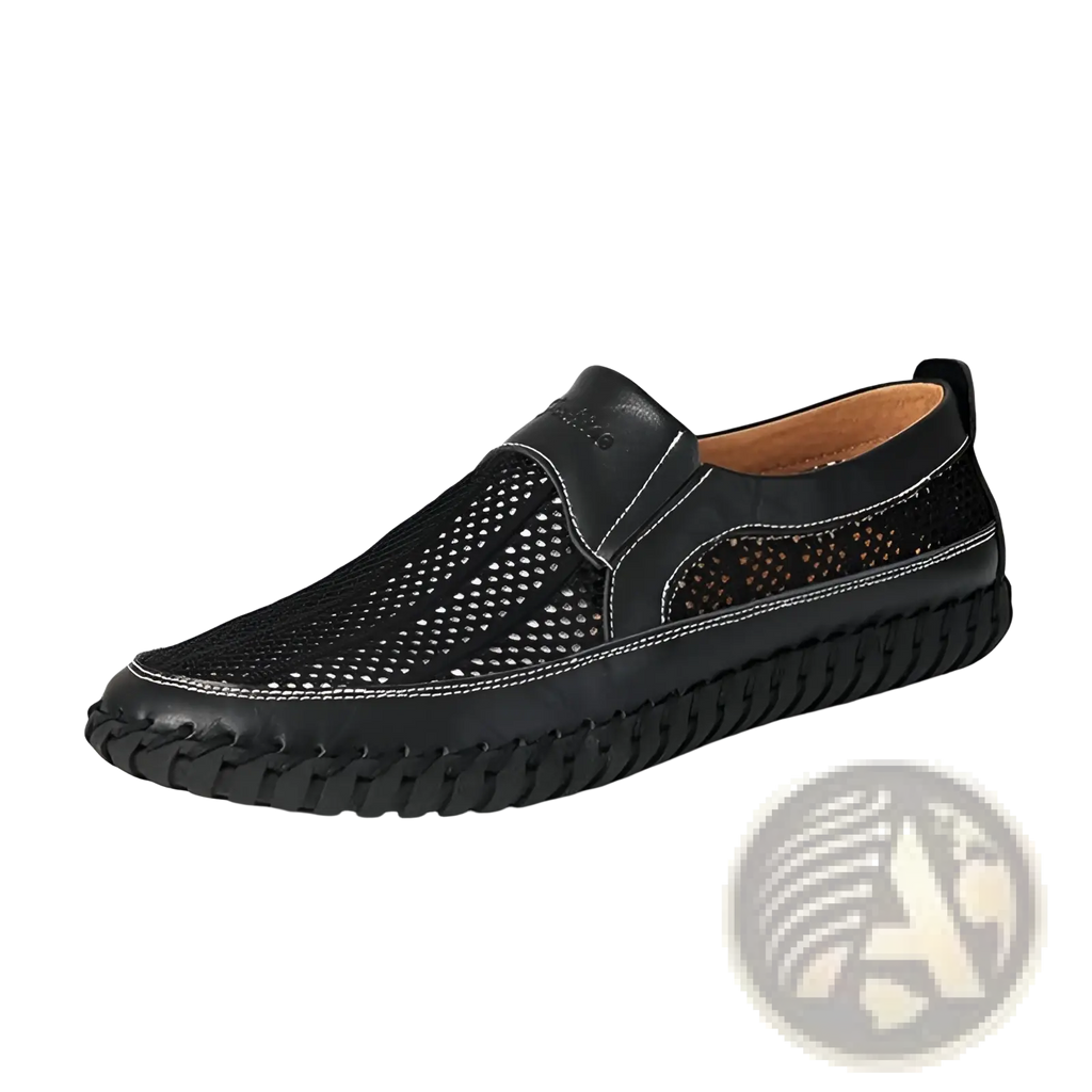 Black leather mesh slip on loafer with perforated upper braided rubber sole and contrasting white stitching