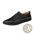 Black leather mesh slip on loafer with perforated upper braided rubber sole and contrasting white stitching