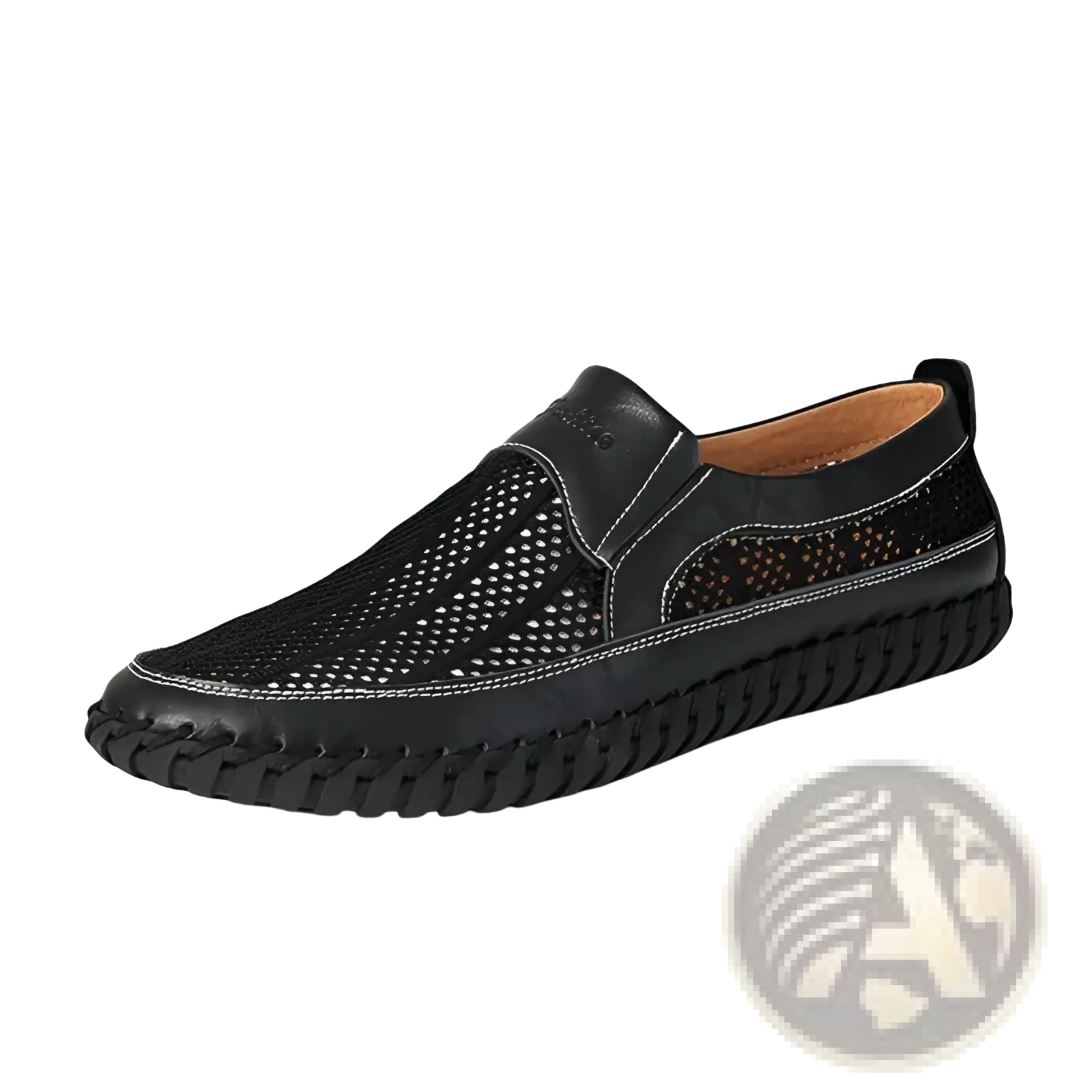 Black leather mesh slip on loafer with perforated upper braided rubber sole and contrasting white stitching