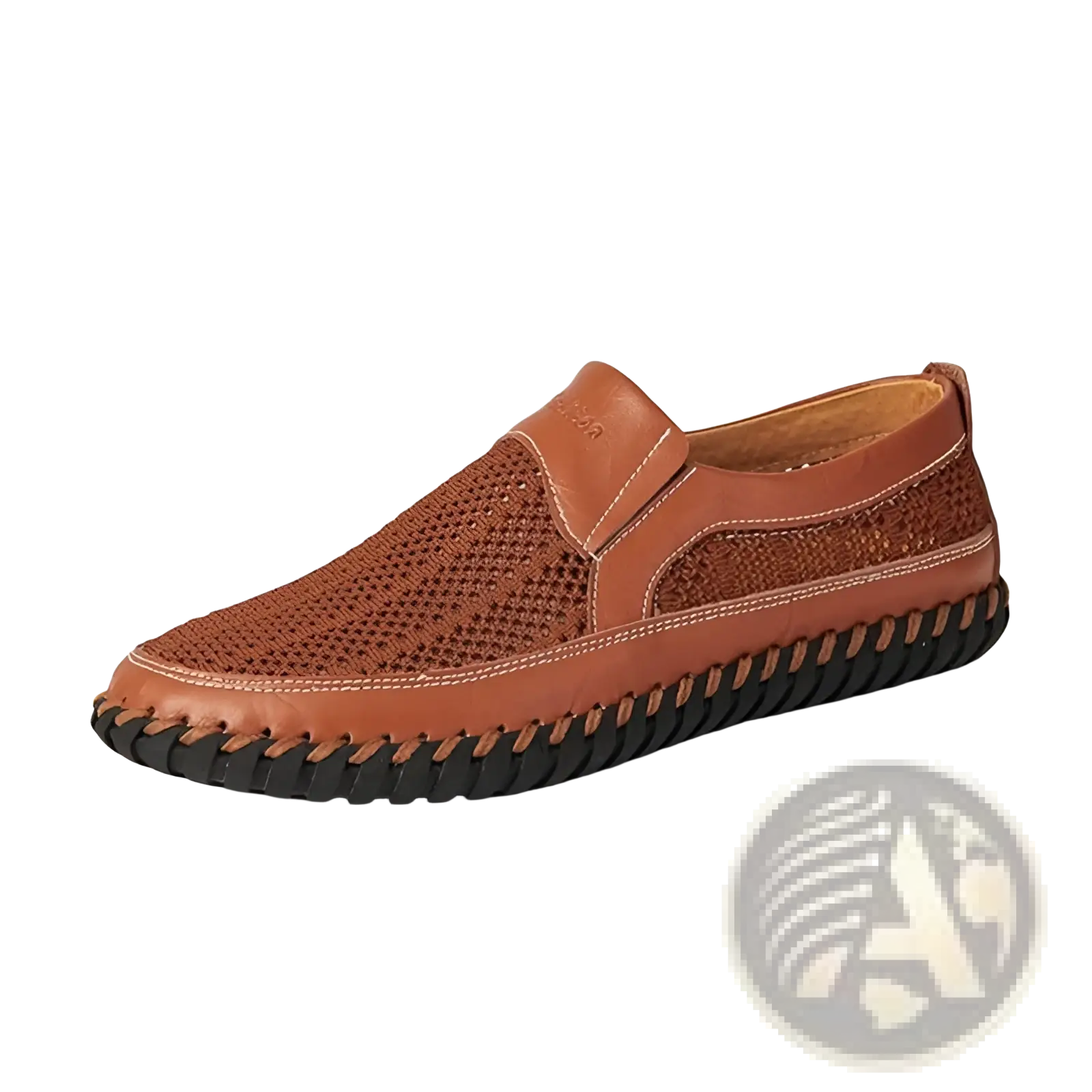 Brown leather slip-on loafer with woven mesh upper and braided black rubber sole for casual wear