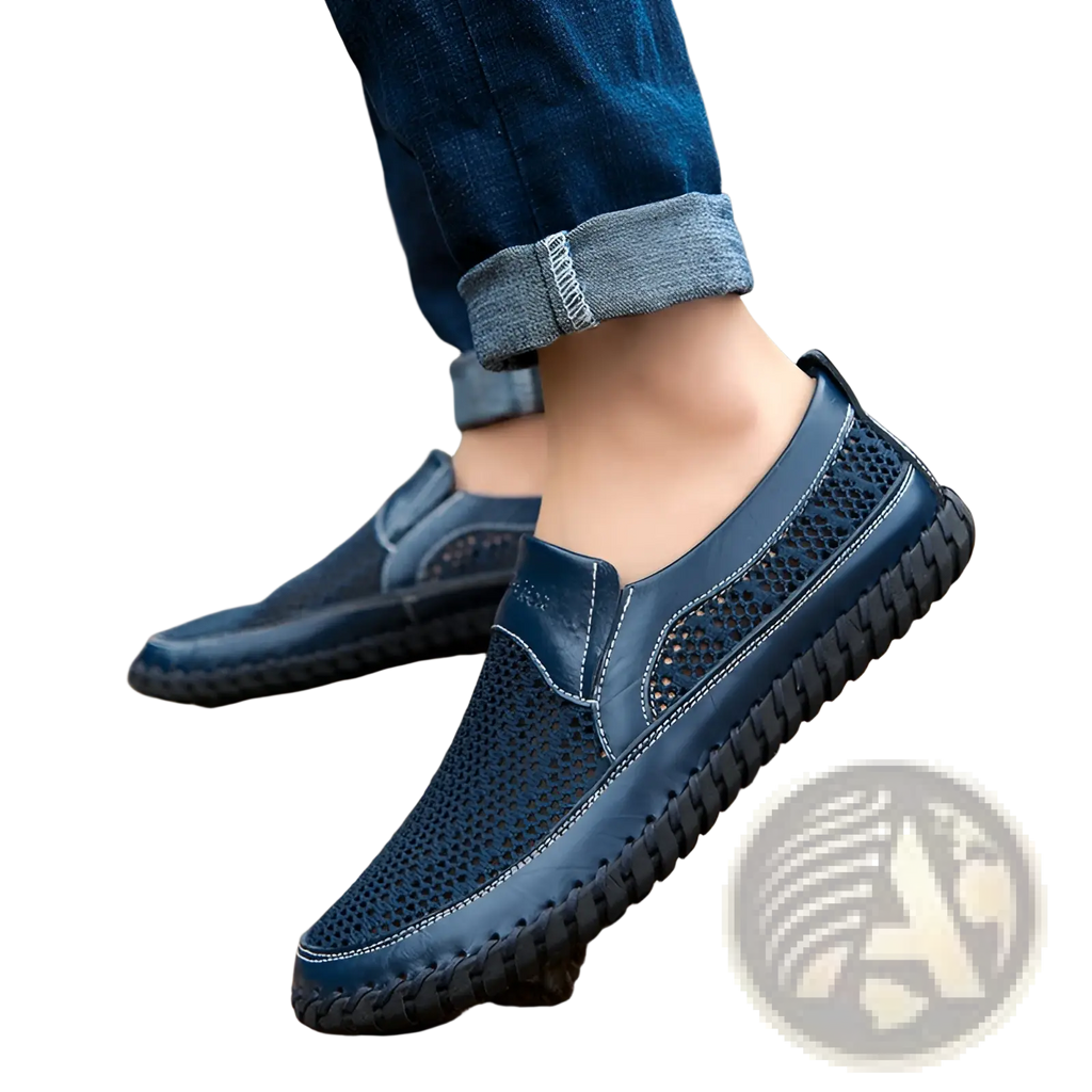 Dark blue leather slip-on loafers with breathable mesh panels and braided rubber sole for casual wear