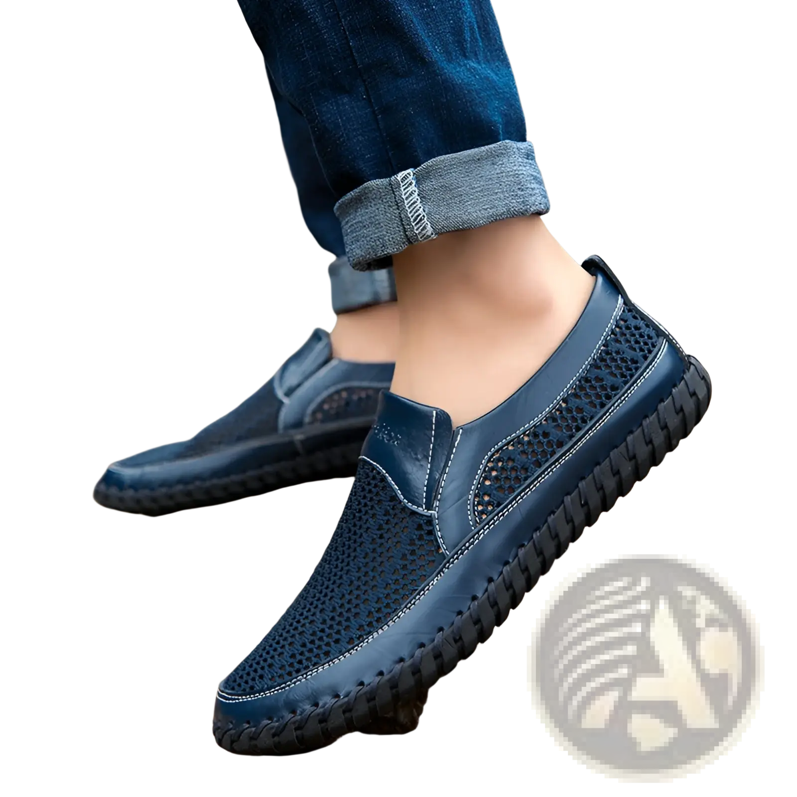 Dark blue leather slip-on loafers with breathable mesh panels and braided rubber sole for casual wear