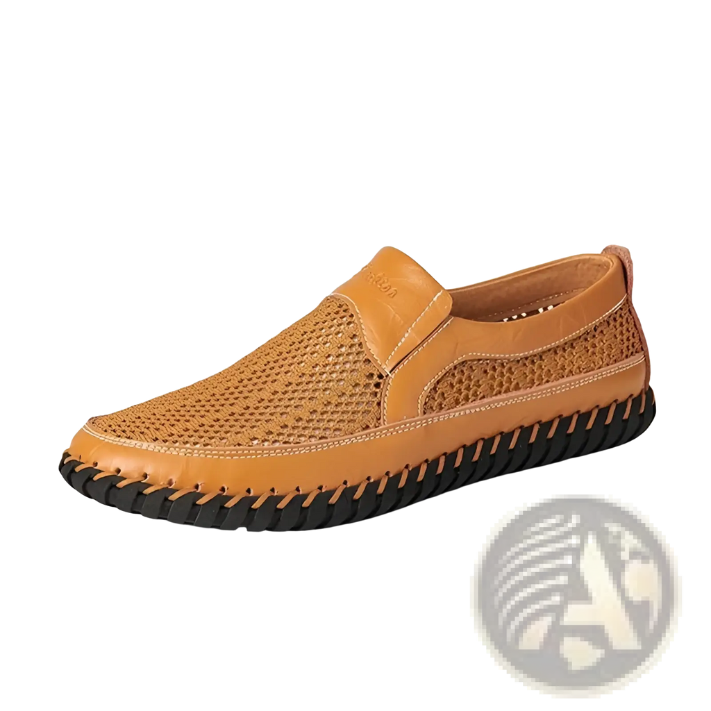 Tan leather slip-on loafer with breathable mesh upper and braided black rubber sole for casual wear