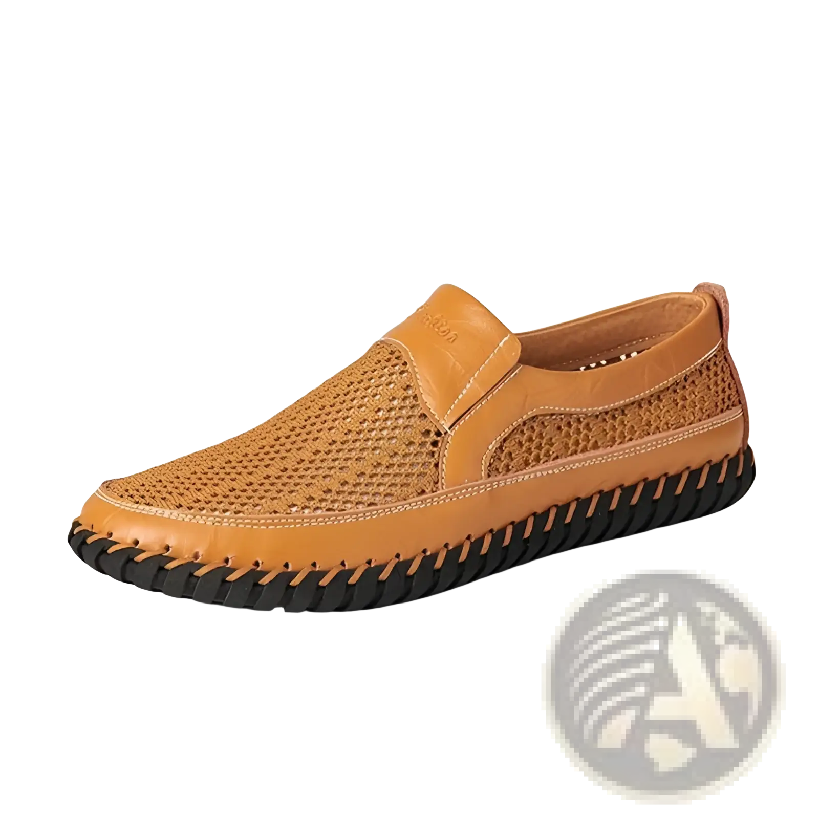 Tan leather slip-on loafer with breathable mesh upper and braided black rubber sole for casual wear