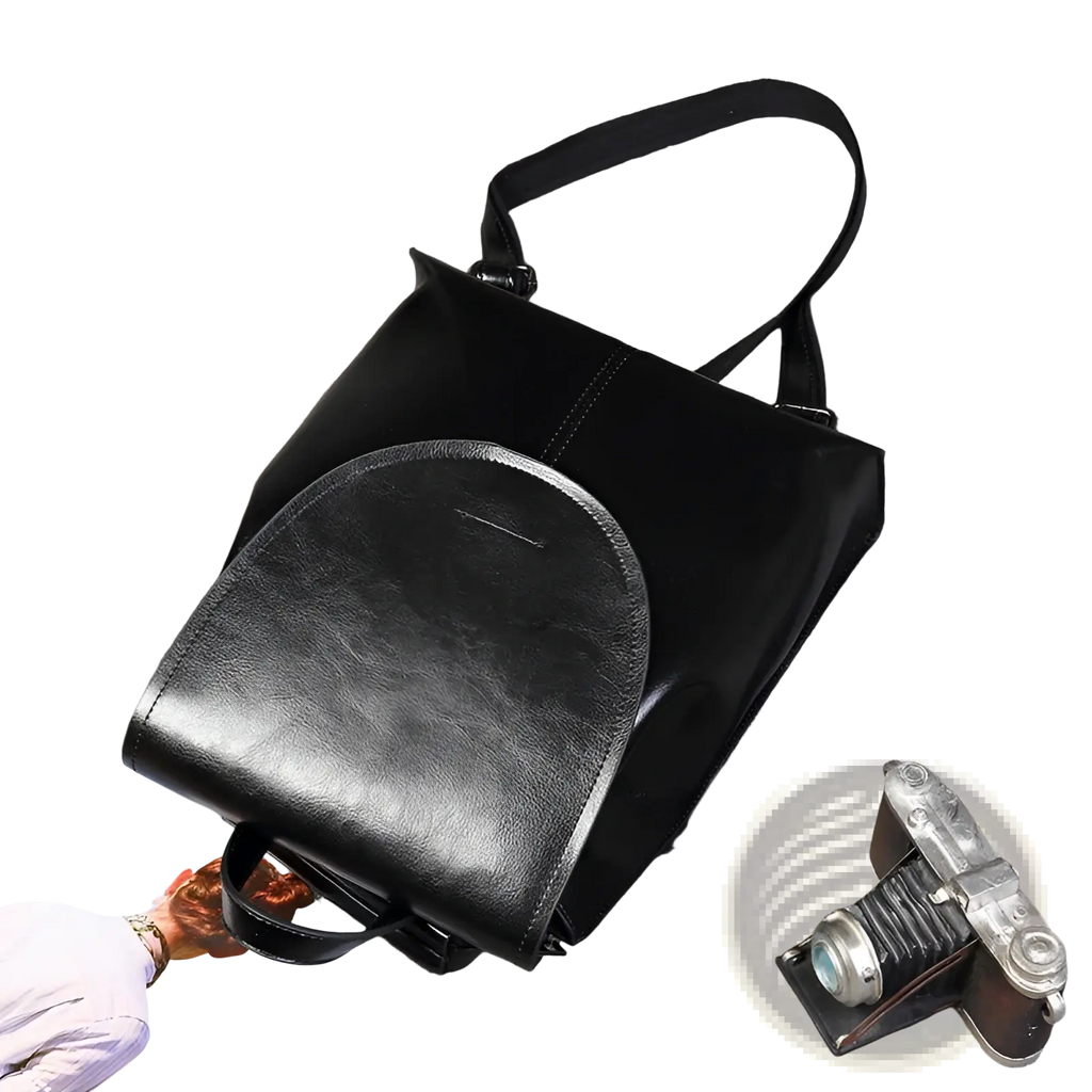 Black leather messenger backpack with sleek glossy finish and adjustable straps for retro fashion use