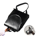 Black leather messenger backpack with sleek glossy finish and adjustable straps for retro fashion use