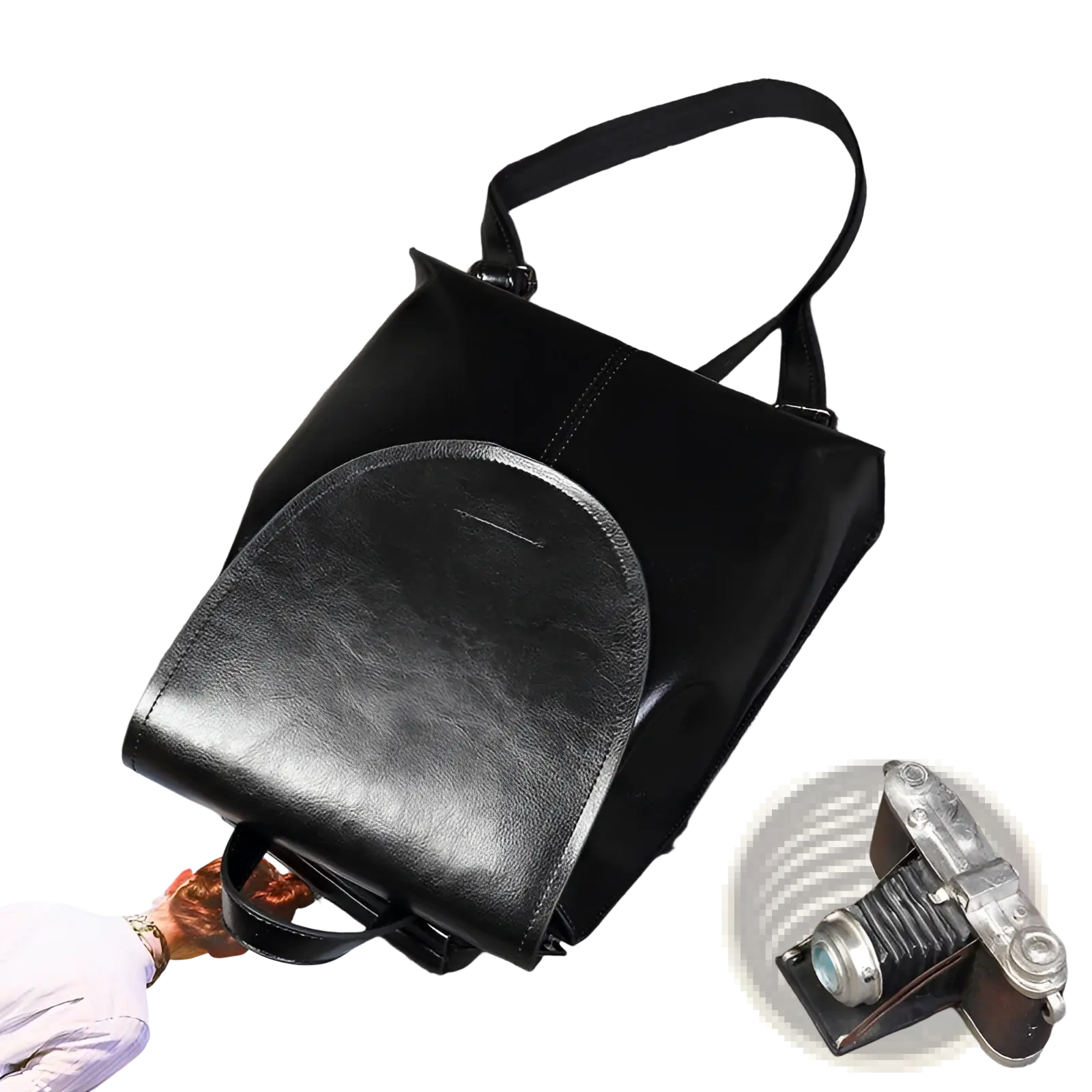 Black leather messenger backpack with sleek glossy finish and adjustable straps for retro fashion use