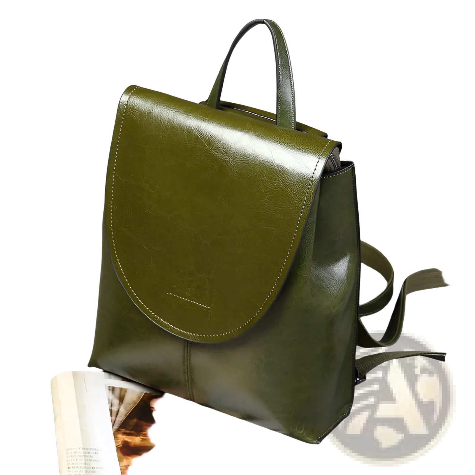 Olive green leather messenger backpack with curved flap closure and matching shoulder strap for retro fashion use