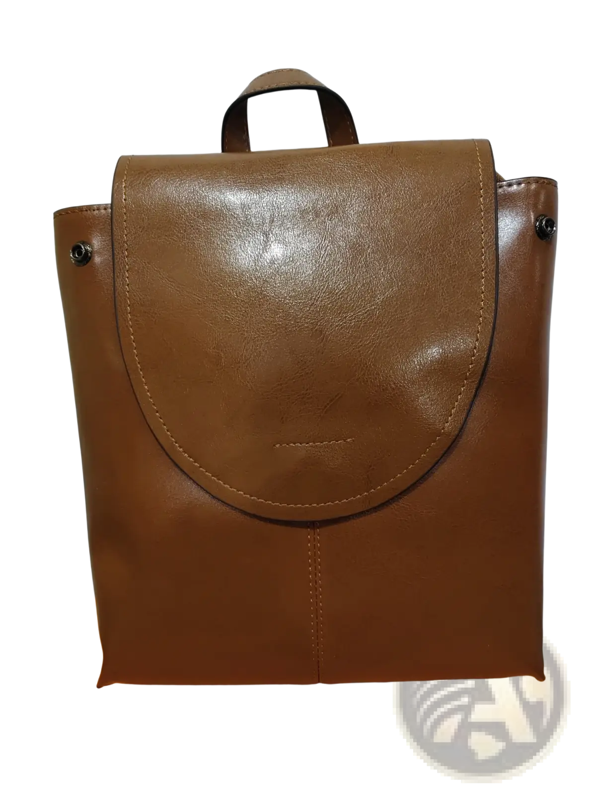 Brown leather messenger backpack with rounded flap closure and top handle retro fashion bag design