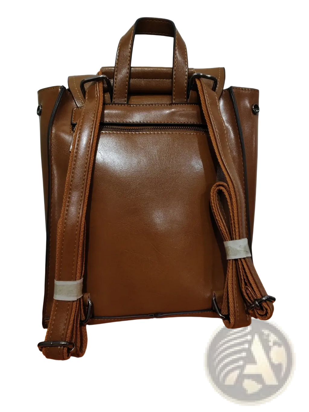 Brown leather messenger backpack with adjustable straps and top handle showing the back side of the retro fashion bag