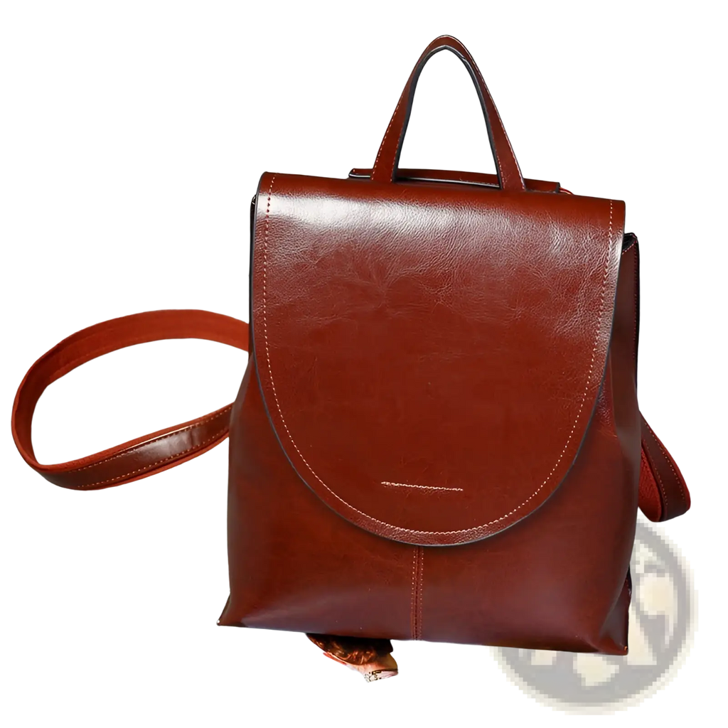 A rich brown leather messenger backpack with sleek minimalist design and contrasting dark stitching for retro fashion