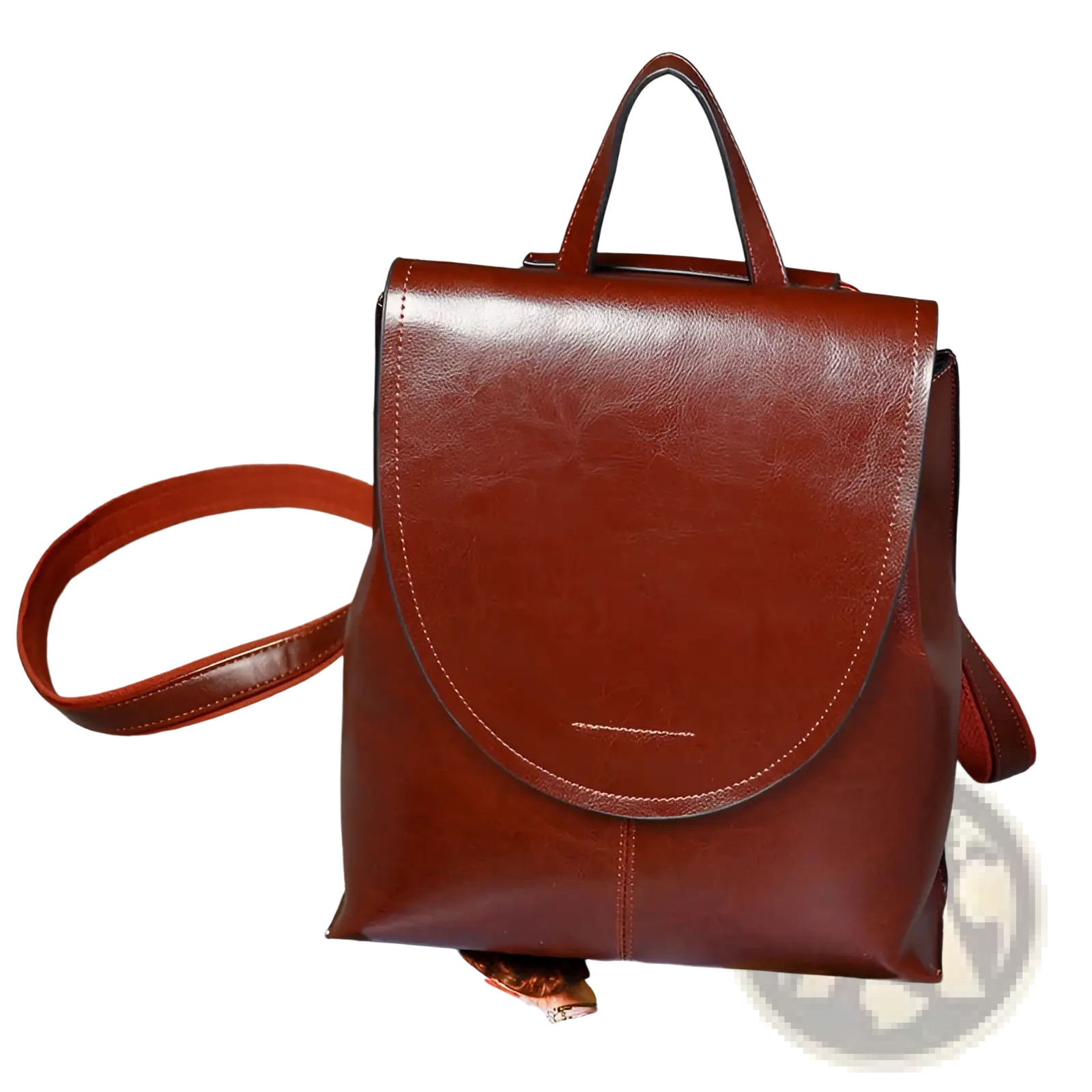 A rich brown leather messenger backpack with sleek minimalist design and contrasting dark stitching for retro fashion