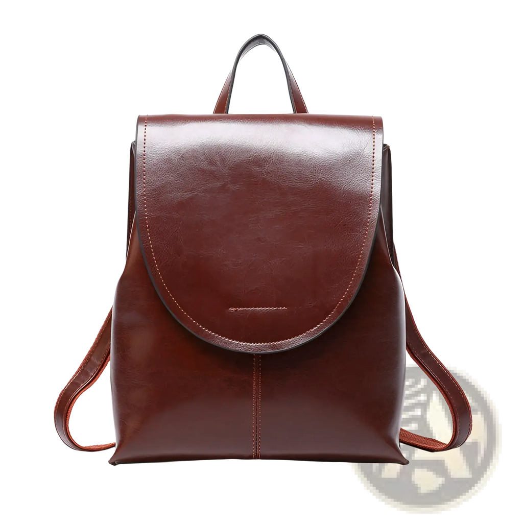 A sleek rich brown leather messenger backpack with minimalist design and subtle stitching details for retro fashion