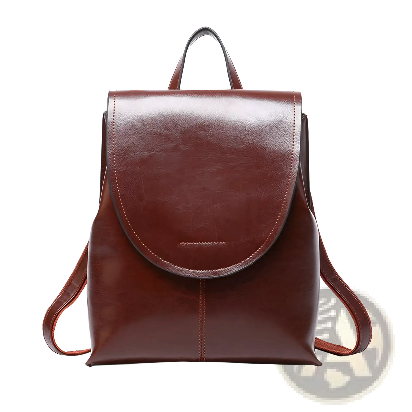 A sleek rich brown leather messenger backpack with minimalist design and subtle stitching details for retro fashion